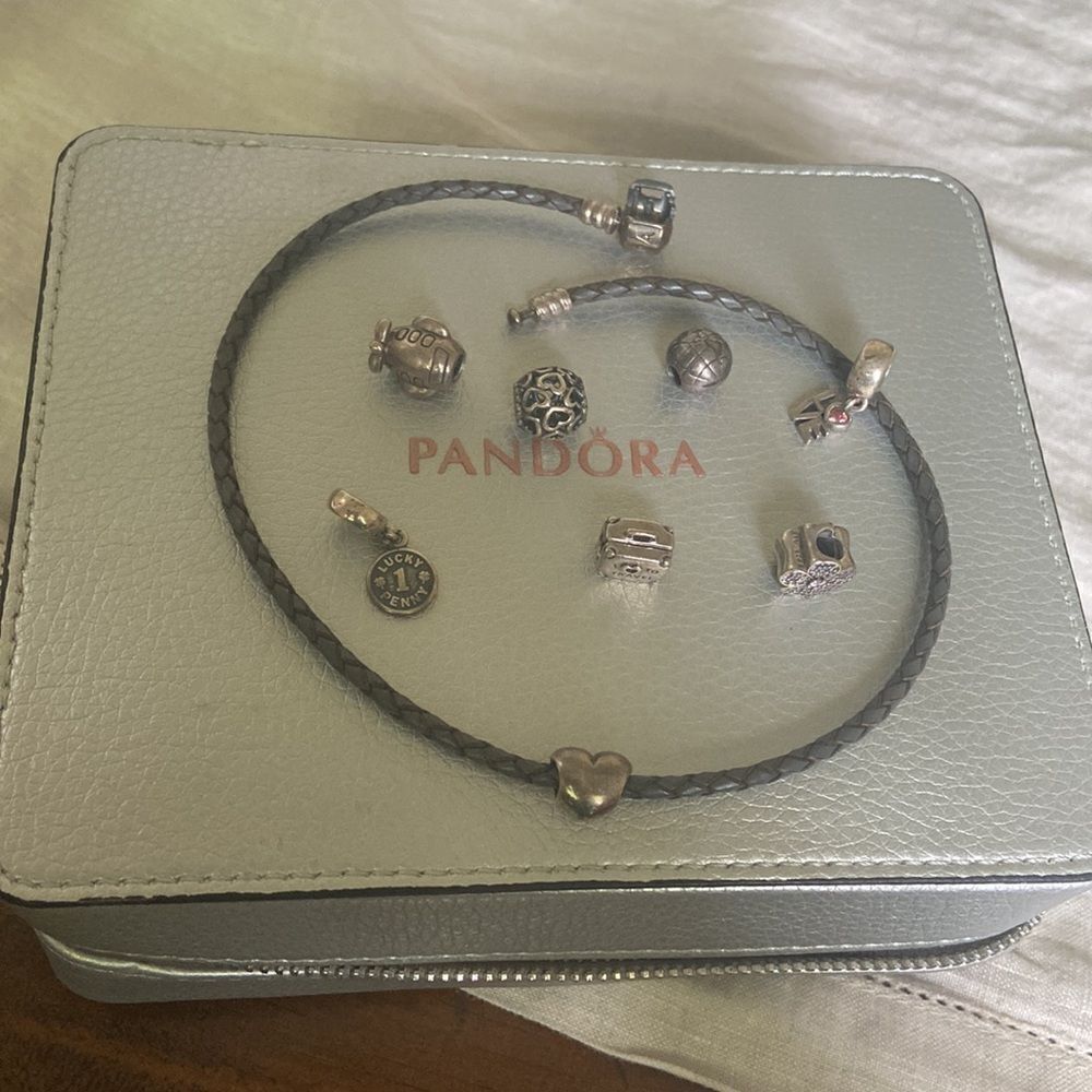Pandora silver gray bracelet 7 pendants and box